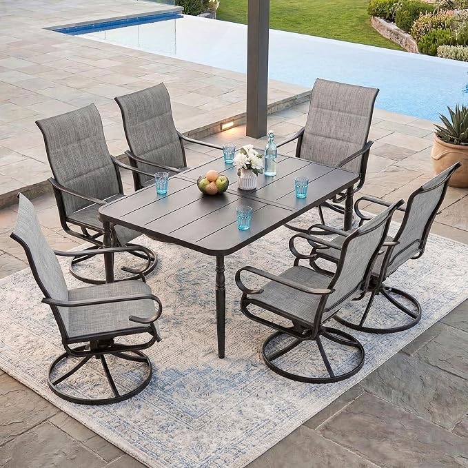 NUU GARDEN 7PCS Padded Textilene Outdoor Dining Set with Umbrella Hole, Powder-Coated Metal Frame Patio Dining Table and Chairs with Swivel Base, Patio Table and Chair Set, Turned Legs, Light Gray