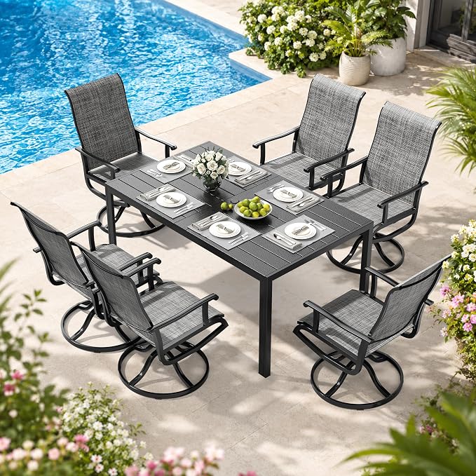 Pamapic 7-Piece Outdoor Dining Set, All Weather Patio Table and Chairs Set with Umbrella Hole, Wood-Like Table and 6 360° Swivel Textilene Chairs for Backyard, Poolside, Deck, Porch, Grey