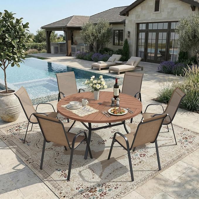 DIFY 7 Piece Outdoor Dining Set, 50" Walnut Round Metal Dining Table and Brown Textilene Stackable Patio Chairs, Patio Table and Chairs Set for 6 with Umbrella Hole for Backyard Garden Deck