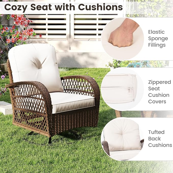 ORALNER 3 Pieces Wicker 360° Swivel Rocker Set Patio Furniture, Rocking Chairs with Cushions, Tempered Glass Coffee Table, Outdoor Rattan Bistro Set for Balcony Front Porch Deck Poolside (White)