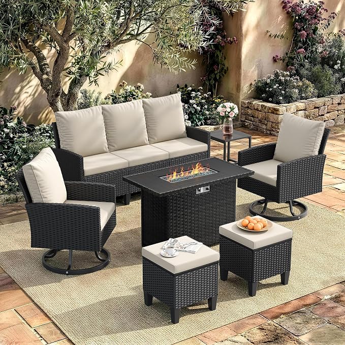 Amopatio Patio Furniture Set with Fire Pit Table,7 Pieces Conversation Sofa with 360° Swivel Chairs, All Weather Wicker Outdoor Furniture for Backyard Garden Pool Deck,Beige