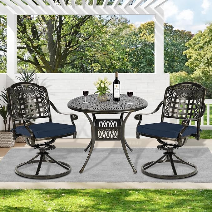 MEETWARM 3-Piece Outdoor Patio Dining Set, All-Weather Cast Aluminum Patio Conversation Set, 2 Cushions Swivel Rocker Chairs and 35.4" Round Table for Backyard Garden Deck, Umbrella Hole, Navy Blue