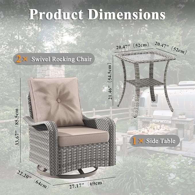 2-Seat Modern Patio Furniture Set with Swivel Rocking Chairs, Thick 4″ Cushions, Dual-Strand Wicker Rattan, Rust-Resistant Steel Frame – Outdoor Conversation & Modular Sectional,Beige