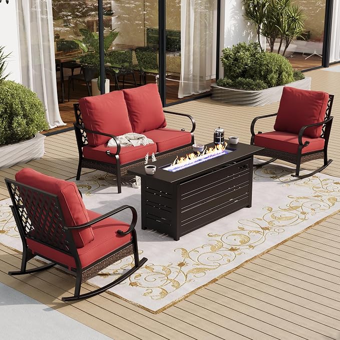 SUNSHINE VALLEY 4 Piece Metal Outdoor Patio Furniture Sets with Firepit Table, Patio Conversation Sets 1 2-Seater Sofa, 2 Rocking Sofa with 5.75" Cushion Black Backyard Furniture for Deck, Rust Red