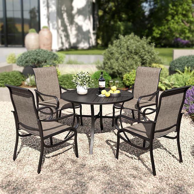 PHI VILLA Round Patio Dining Set for 4 Person, 42'' Round Metal Slat Table with Umbrella Holes and 4 High Back Fixed Chairs All Weather Outdoor Table and Chairs Set for Deck Garden Yard