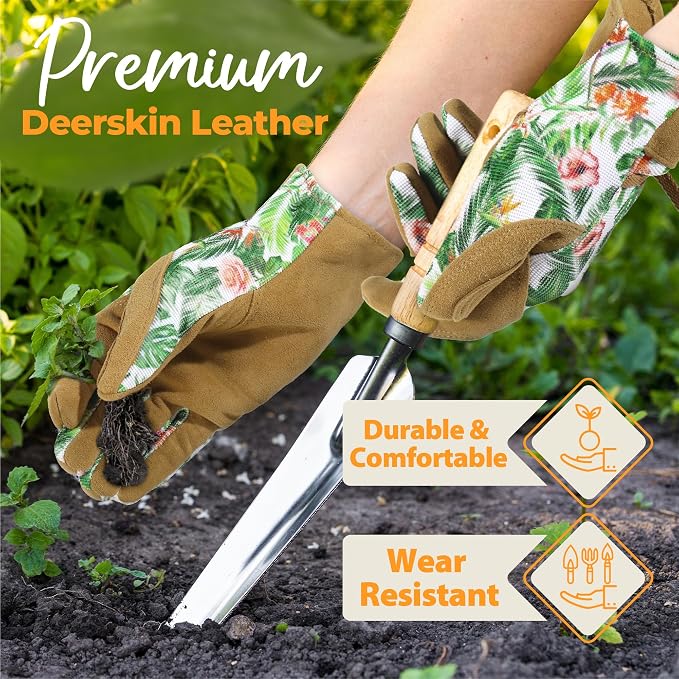 HANDLANDY Gardening Gloves for Women, Leather Garden Glove, Gardener Gift | Breathable Floral Ladies Leather Garden Yard Gloves, for Trimming, Weeding, Digging, Planting, Pruning