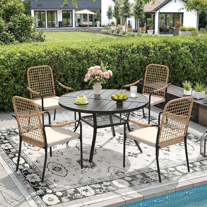 DIFY 5 Pieces Outdoor Dining Set, Metal Patio Table and Chairs Set for 4, 40.6" Round Dining Table with Umbrella Hole & Wicker Stackable Patio Chairs with Cushions, Black Tabletop