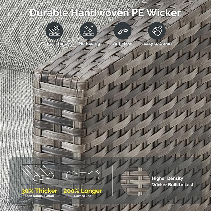 6 Piece Wicker Patio Furniture Set with Solar Table, Dark Gray | Outdoor Deep Seating Sofa Chair Ottoman, Solar Lights Table, All Weather Rattan, Modern Conversation Set, Porch Deck Backyard