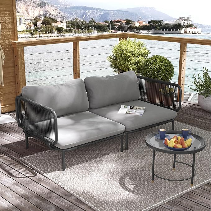 Patio Furniture Set, Outdoor Patio Furniture Oversized Metal Patio Sectional Sofa, 2-Seat Conversation Set with Cushion for Indoor and Outdoor, Black Frame & Dark Grey Mat (2 Seats 4 Armrests)