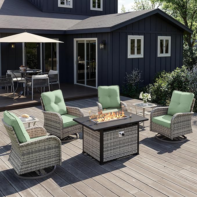 7Pcs Patio Rocking Swivel Chair with 55,000 BTU Fire Pit Table Outdoor Wicker Rattan Bistro Set with Tempered Glass Side Table, Outdoor Patio Furniture Set for Garden and Balcony, Light Green