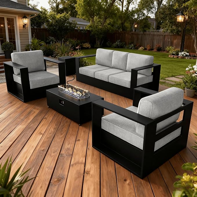 LayinSun Oversized Aluminum Outdoor Furniture Set, 4 Piece Patio Sofa Sets with Fire Pit Table, Deep Seating and Upgraded 6-inch Cushions for Porch, Balcony, Deck