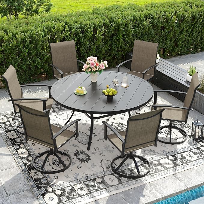 DIFY 7 Pieces Outdoor Dining Set for 6, 50" Black Round Metal Table with Umbrella Hole and Brown Textilene Swivel Patio Chairs, Patio Table and Chairs Set for Garden, Backyard, Poolside