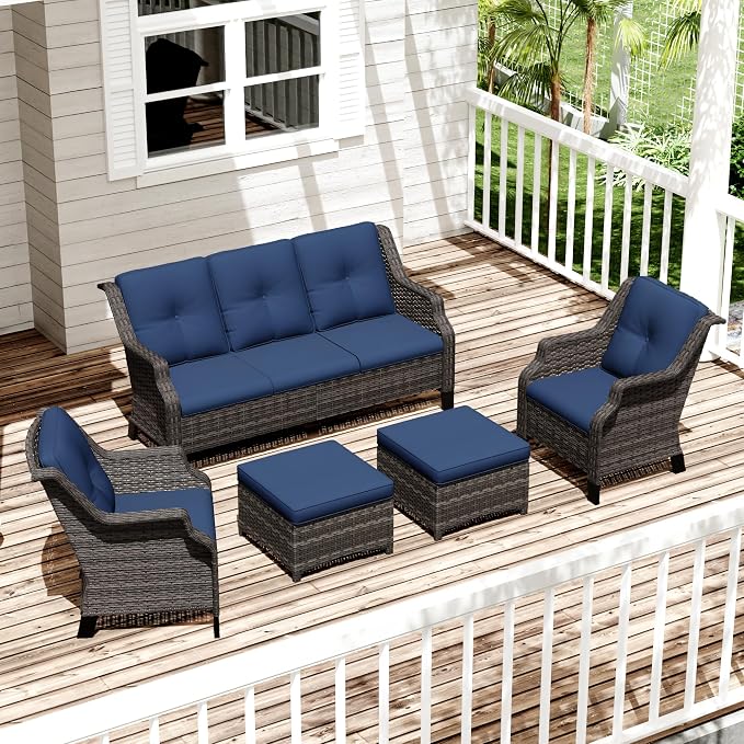 Patio Furniture Set 5 Pieces, Outdoor Wicker Furniture with Coffee Table and Side Table, Modern Rattan Patio Chairs Conversation Sets with Sofa for Garden, Terrace, Porch, Balconies, Lawns