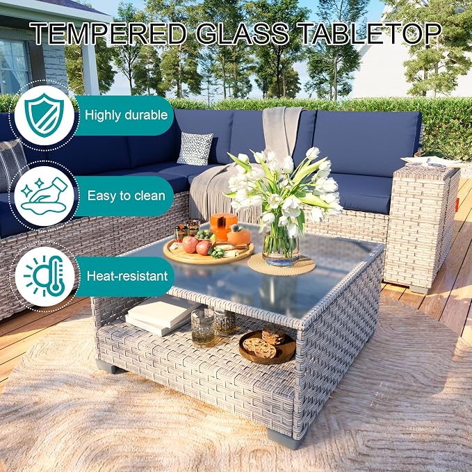 12-Piece Patio Furniture Set, Outdoor Extra Wide Armrest Modular Sectional Sofa, All-Weather Dual-Strand Rattan PE Wicker Conversation Set with Coffee Table for Porch Garden Balcony, Blue