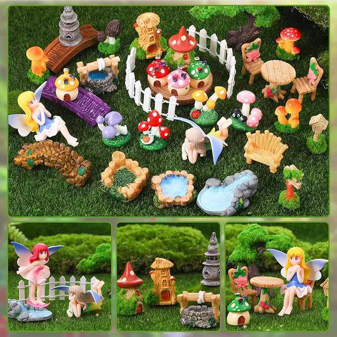 32 Pcs Fairy Garden Accessories Mini Fairy Figures | Miniature Table and Chairs Bridge Mushroom Lighthouse Water Well Pond Landscape OrnamentKit for DIY Garden Potted Desk Decor