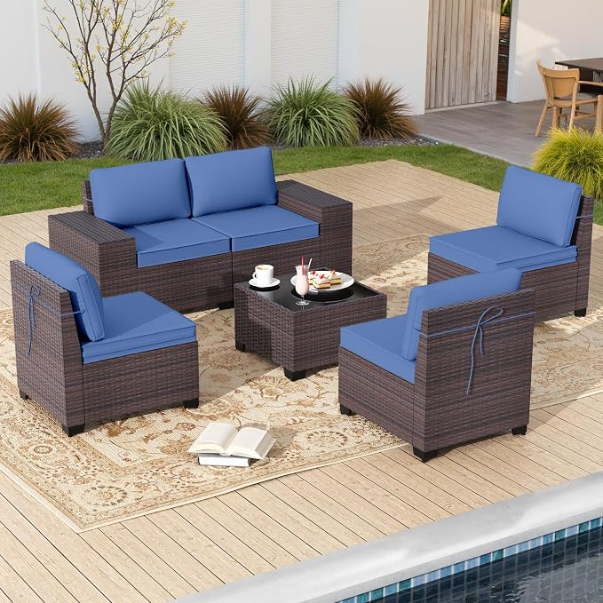 Gotland 6 Pieces Patio Furniture Set with 1 Coffee Table, 5 Seater Rattan Outdoor Sectional with Wide Armrests 29.5'' High Backrest Thick Waterproof Cushions, Conversation Sets for Deck Garden Navy