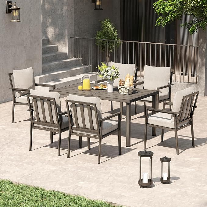 HAPPATIO Patio Dining Set for 6, 7-Piece Outdoor Aluminum Dining Furniture Set, 6 Cushioned Dining Chairs and Table for Deck Yard Poolside, Rust-Proof, Weather-Resistant, Easy Assembly