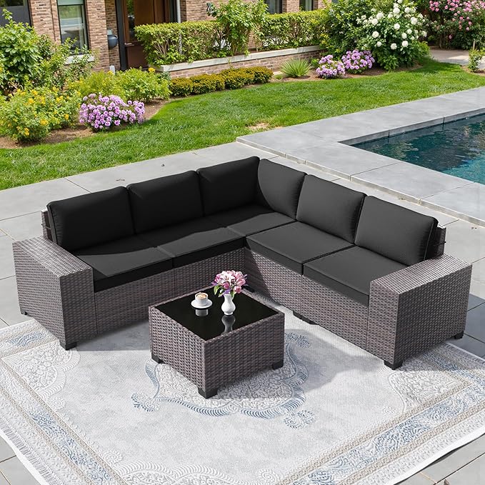6 PCS Outdoor Patio Furniture Set,Outdoor Sectional Furniture All Weather PE Rattan Wicker Patio Conversation Set with Coffee Table and 5 Thickened Cushions,Black