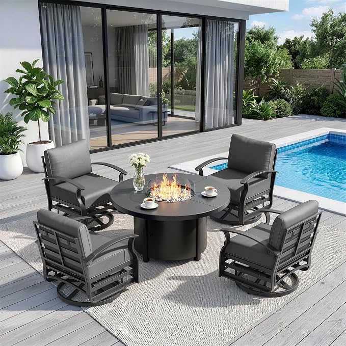 5 Piece Aluminum Outdoor Patio Furniture Set with 48" Round Propane Fire Pit, Outdoor Dining Table Set with 4 Aluminum Swivel Chairs, Outdoor Furniture Set with Fire Pit for Porch, Balcony, Grey