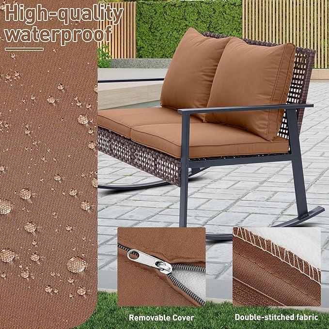 Ainfox Outdoor Wicker Loveseat Rocking Chair, Patio Rattan Rocker Chair with Cushions，All-Weather Modern Cozy Rocking Wicker Furniture for Garden Balcony Porch, Brown