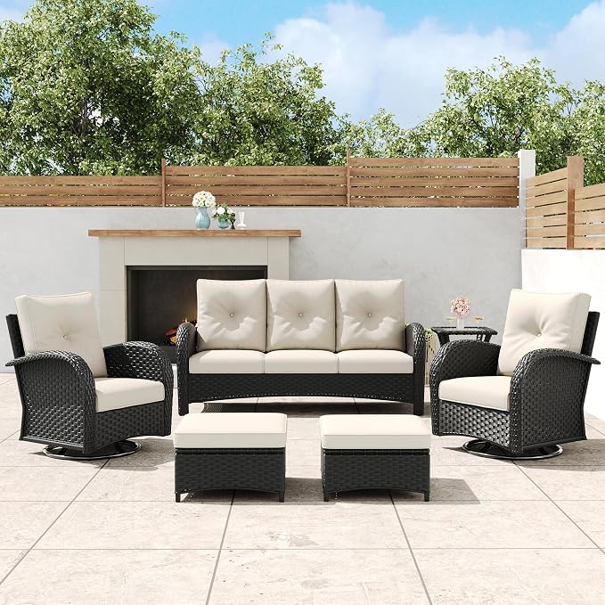 6 Pieces Outdoor Wicker Patio Swivel Rocking Chairs, All Weather Wicker Conversation Set with Side Table