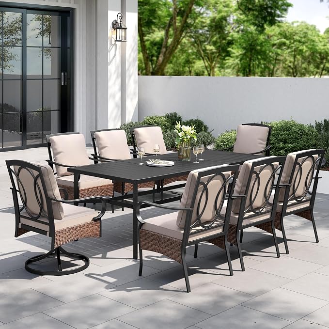PHI VILLA 9 Piece Patio Dining Set, 83" Rectangular Metal Dining Table with Umbrella Hole, 6 Fixed + 2 Swivel Chairs with Waterproof Cushions, All Weather Outdoor Furniture for Deck, Backyard
