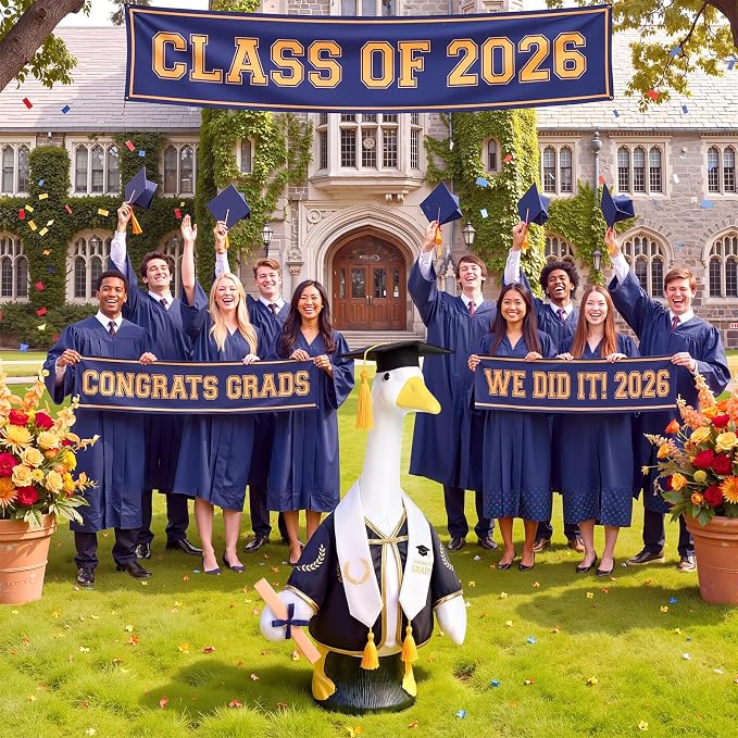 Graduation Porch Goose Outfit Goose Dress Clothes with Grad Sash, Cap and Gown Costume for 23" Gooses Statue Decoration Patio Yard Garden Lawn Outdoor Decors
