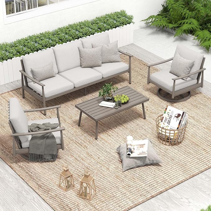 HAPPATIO Patio Outdoor Furniture Set - 4 Piece Aluminum Patio Conversation Set with 1 Coffee Table, 2 Swivel Chairs and 1 Three-Seater Sofa, Aluminum Outdoor Furniture Set for Backyard Poolside (Grey)
