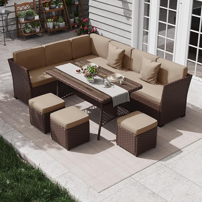 KIGOTY 7 Piece Patio Furniture Set, Outdoor PE Wicker Rattan Outdoor Dining Set, Patio Table and Chairs Set, Patio Conversation Sofa Set with Dining Table and Ottoman(Brown-Camel)