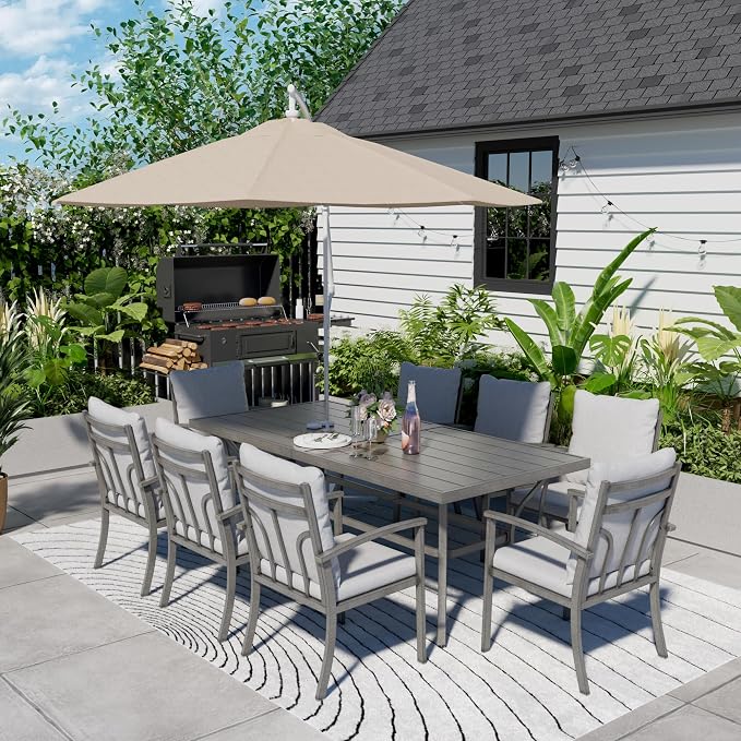 HAPPATIO 9-Piece Patio Dining Set - All Aluminum Table and Chairs for 8, Includes Rectangular Table and 8 Chairs with Cushions, Lawn, Garden