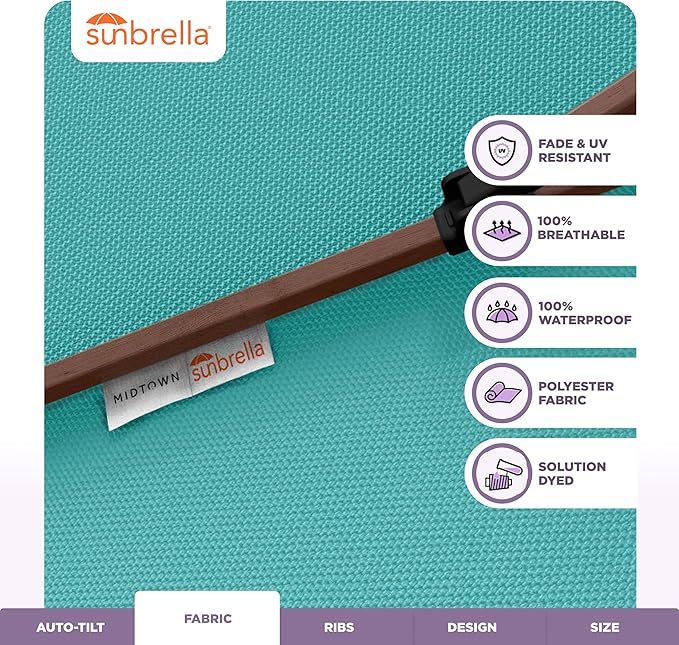 Midtown Umbrellas Wooden 2-8 Ft Patio Umbrella with 360° Swivel & Tilt Mechanism, 8 Fiberglass Ribs & Sunbrella Fabric - Outdoor Umbrella for Deck, Pool & Garden - Burgundy Canopy, Wooden Pole
