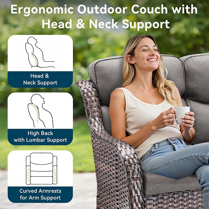 Luxury Outdoor Patio Furniture Set-Wicker High Backrest 3-Seat Patio Sofa with Comfy 6" Cushion, Rattan Couch with Deep Seat All-Weather Patio Conversation Set for Deck Backyard Garden(Brown/Grey)