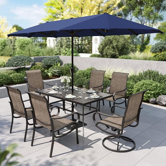 PHI VILLA 8 Pcs Outdoor Dining Set with 13ft Umbrella, Mesh Patio Chairs | 59'' rectangular metal table, 2 swivel & 4 fixed patio chairs and 13ft navy blue umbrella(NO BASE) for deck, garden, backyard