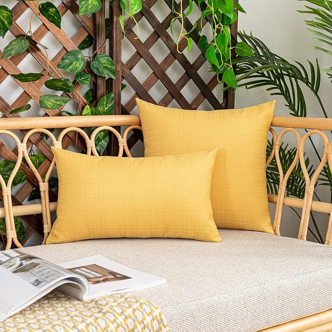 Kevin Textile Outdoor Waterproof 18”x18” Pillow Covers 2 Pack, Yellow | Water Resistant, Soft Faux Linen-cotton Yarn-dyed Woven Texture Throw Pillow Covers for Tent Patio Garden Couch Sofa