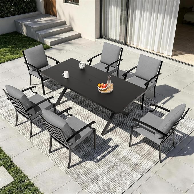 7 PCS Outdoor Patio Dining Set,Patio Table and Chairs Metal Outdoor Patio Furniture Set with Umbrella Hole,Dining Table Set with 6 Chairs for Deck,Backyard and Garden,Grey