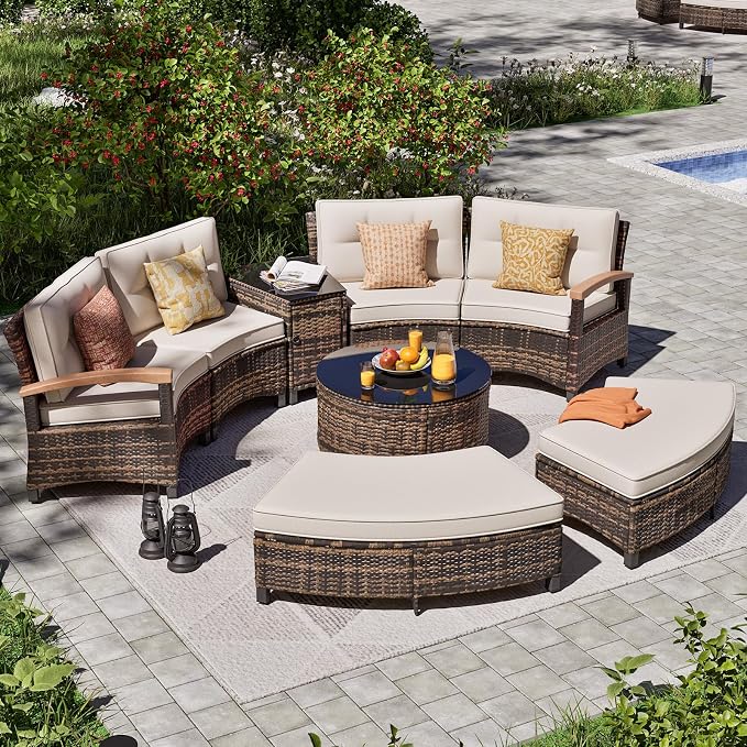 MEISSALIVVE 8 Piece Outdoor Patio Furniture Set, Half-Moon Curved Sectional Set with Wood Armrests, Patio Conversation Set for Porch,Deck,Balcony (Beige)