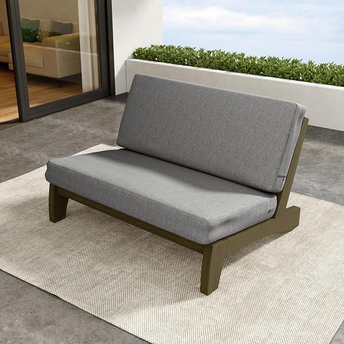 Outdoor Furniture Patio Couch, Weather Resistant Patio Loveseat Sofa Couch with Removable Cushion, Teak Wood Frame for Porch & Backyard Seating - Grey