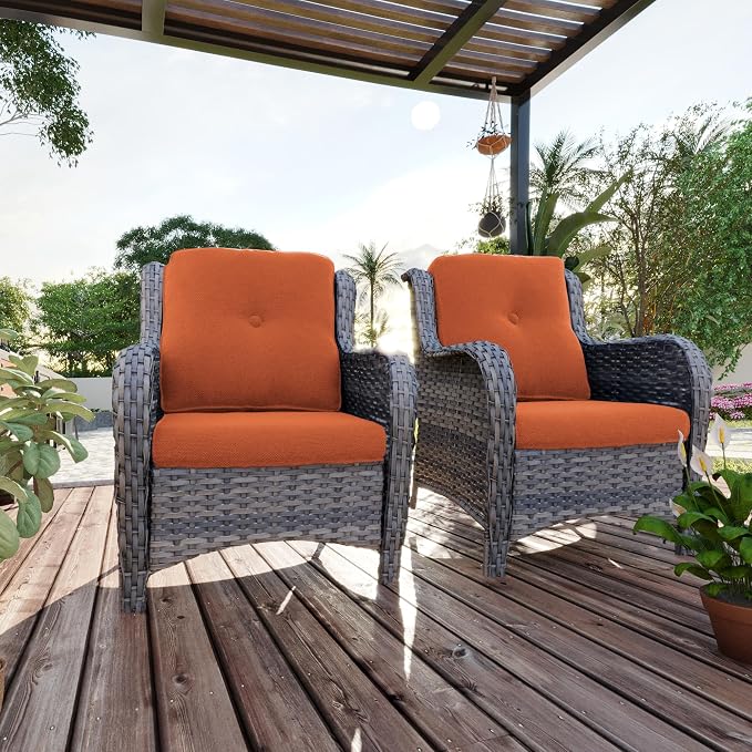 Outdoor Wicker Chair Rattan Dining Chairs Set of 2 PE Wicker Patio Chairs with 4inch Seat Cushions Seating Chair for Garden, Backyard Swimming Pool, Balcony, Orange