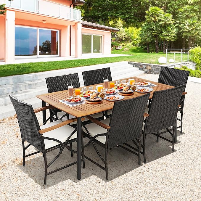 Tangkula 7-Piece Outdoor Dining Set with Acacia Wood Table & 6 Wicker Rattan Armrest Chairs, Detachable Cushions, Umbrella Hole, All-Weather Patio Conversation Furniture Set for Garden Deck (7 PCS)