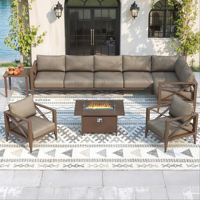Aluminum Outdoor Patio Furniture Set with 43" Fire Pit Table, 10-Piece Outdoor Sectional with 5.2" Thick Cushions, Patio Conversation Sets for Backyard,(Brown,8 Seats)