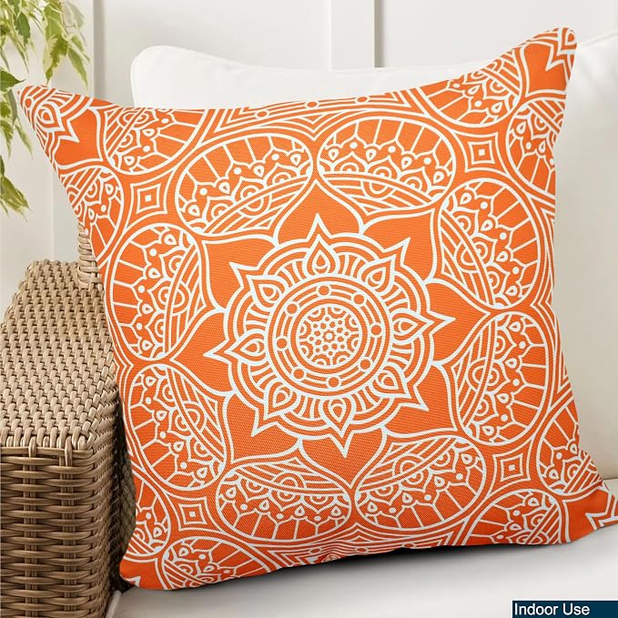 COZY TRENDS Decorative Indoor Outdoor Waterproof Throw Pillows with Inserts - Stylish Comfort for Your Patio Furniture, Garden Chairs, or Indoor Décor 18x18 Inches | Set of 2 (Orange/White)