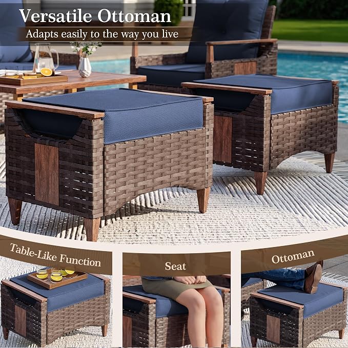 NestNook 6 Pieces Patio Furniture Set, Outdoor Conversation Set with All-Weather Handwoven PE Wicker Sofa, Rattan Chairs and Thick Cushion, Coffee Table & Ottoman for Backyard, Deck & Poolside, Blue