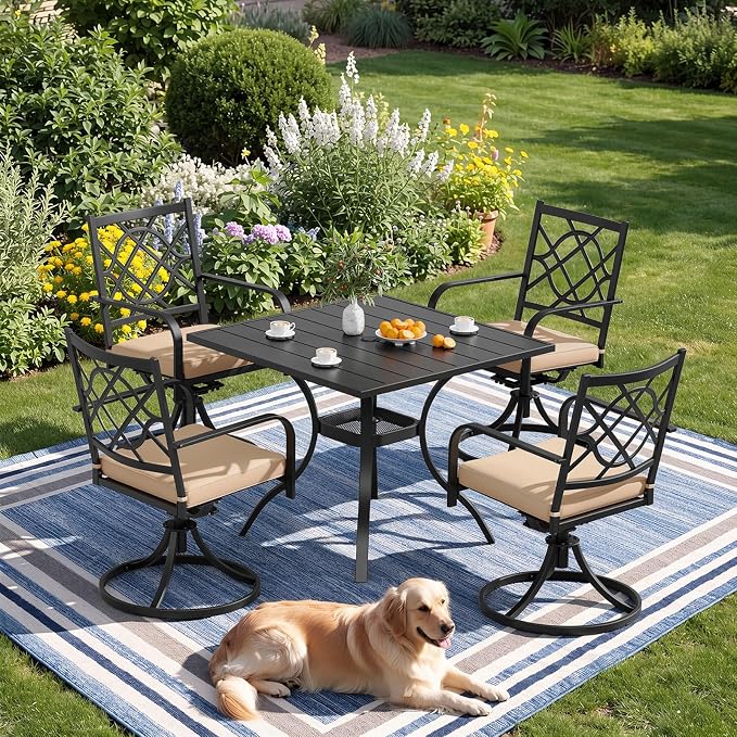 5 Piece Patio Dining Set Outdoor Furniture Set, Square Metal Patio Dining Table with Umbrella Hole & 4 Swivel Dining Chairs for Garden Lawn Yard
