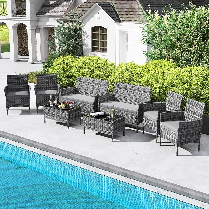 Tangkula 8 Piece Patio Rattan Conversation Set, Outdoor Wicker Furniture Set with Chair, Loveseat & Tempered Glass Table, Cozy Seat Cushions, Outside Sectional Sofa Set for Backyard