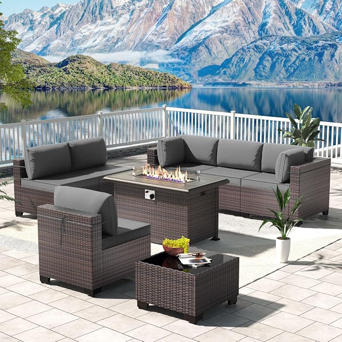 Kullavik 8 Pieces Outdoor Patio Furniture Set,Sectional Sofa Set with 43" 55000 BTU Gas Propane Fire Pit Table,Brown PE Rattan Wicker Patio Conversation Set,Grey