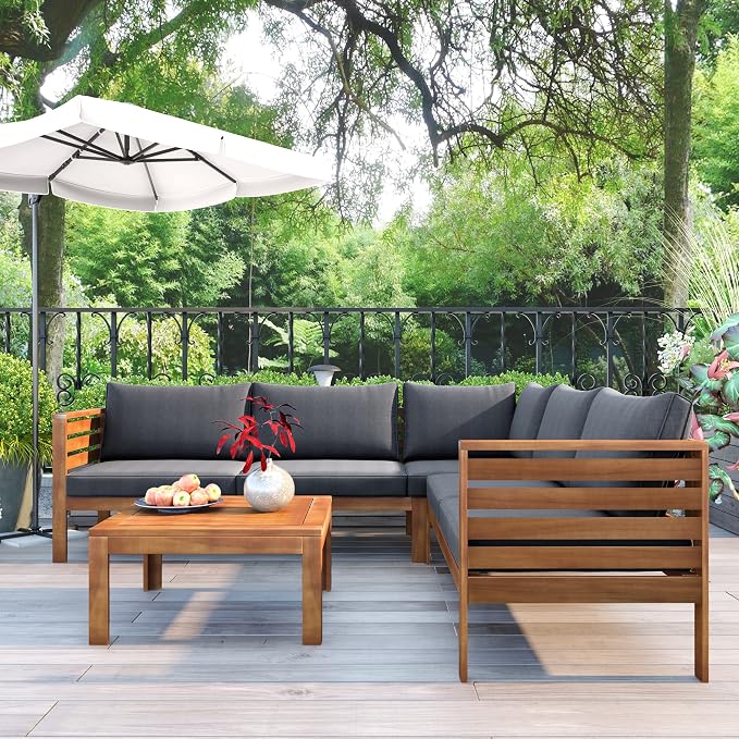 L-Shaped Wood Structure Patio Outdoor Sofa Set with Coffee Table and Cushion, Water Resistant Acacia Wood Sofa for Patio, Lawn, Yard, Pool or Backyard, Gray Cushion