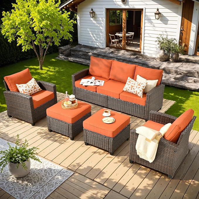 ovios 5 Pieces Patio Furniture Set, Outdoor Wicker Sofa Couch with Chairs Comfy Cushions, All Weather Brown Rattan Conversation Set for Backyard Deck Porch, Orange Red