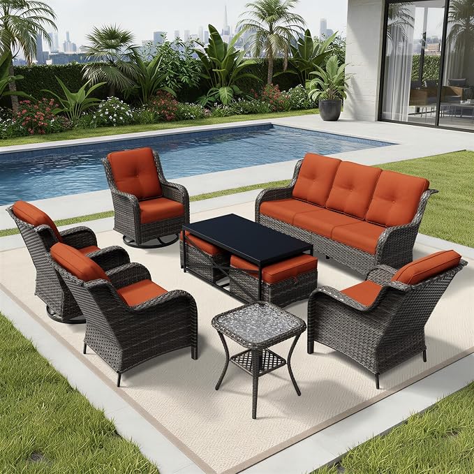 Joyside 9 Piece Wicker Patio Furniture Set, Outdoor Swivel Rocker Patio Chairs with High Back, Deep Seating, Wide Armrest, Thickened Cushions, Outdoor Furniture for Deck, Porch Use
