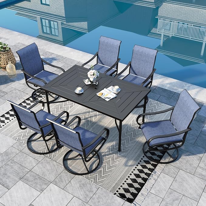 Sophia & William Outdoor Dining Set - 7 Piece Patio Set with Swivel Chairs & 64" Metal Table for Garden & Pool - All Weather Blue