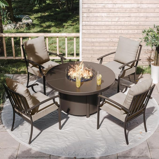 ALAULM 5-Piece Outdoor Dining Set for 4 Metal Outdoor Patio Furniture with 40000 BTU Round Fire Pit Table for Patio, Backyard, Garden-Sand